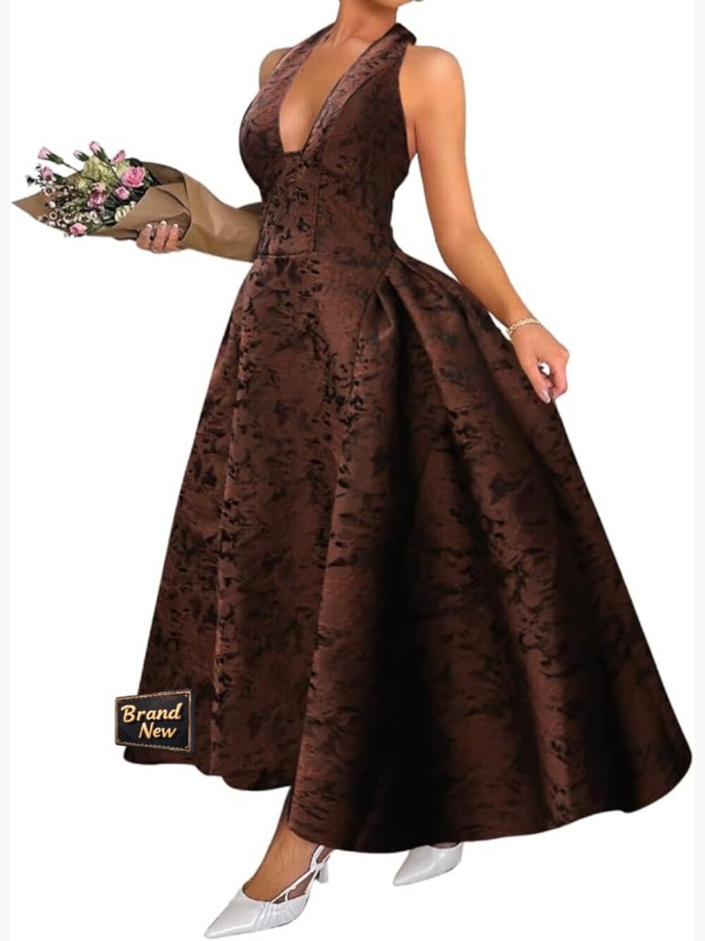 Jacquard Maxi Dress V-Neck Halter Backless A-Line Semi Formal